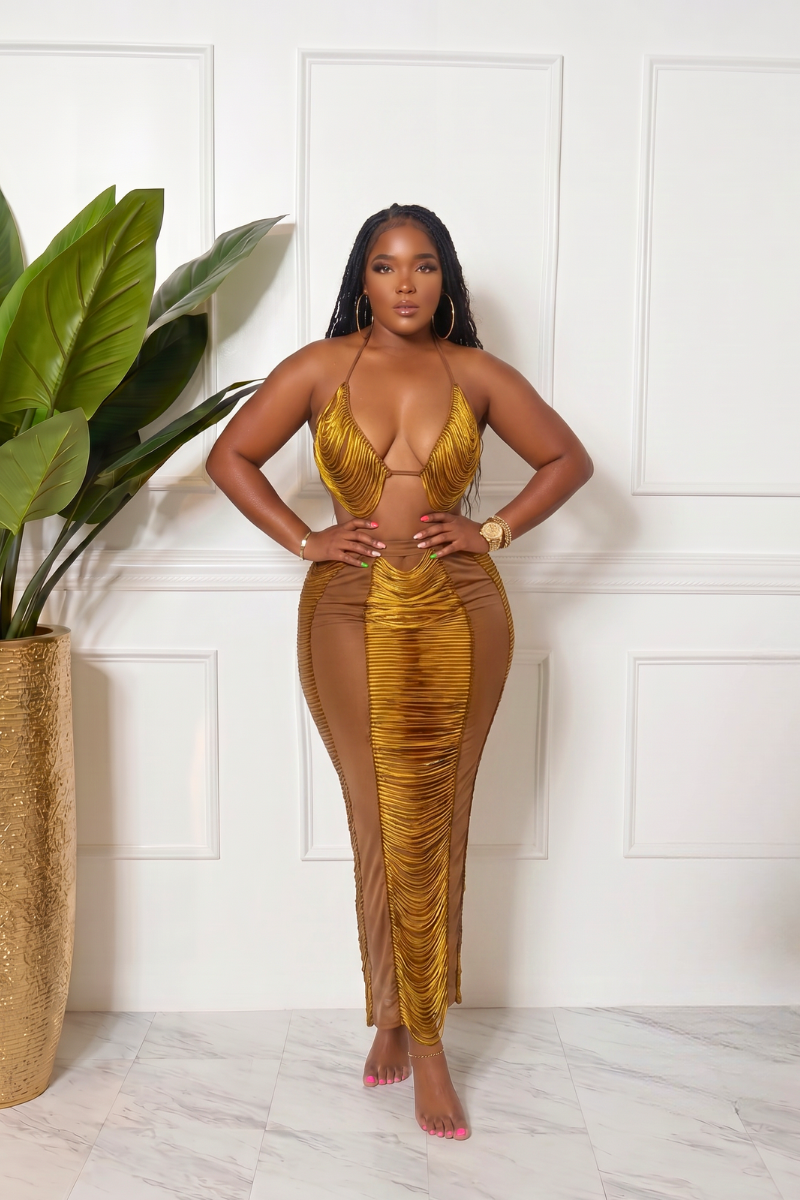 Brown and Gold TASSEL BRALATTE AND SKIRT SET