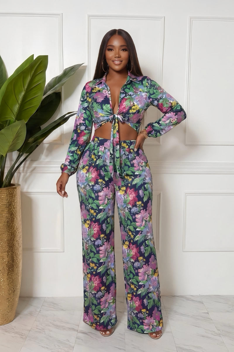 Matching two piece floral set with tie up crop top