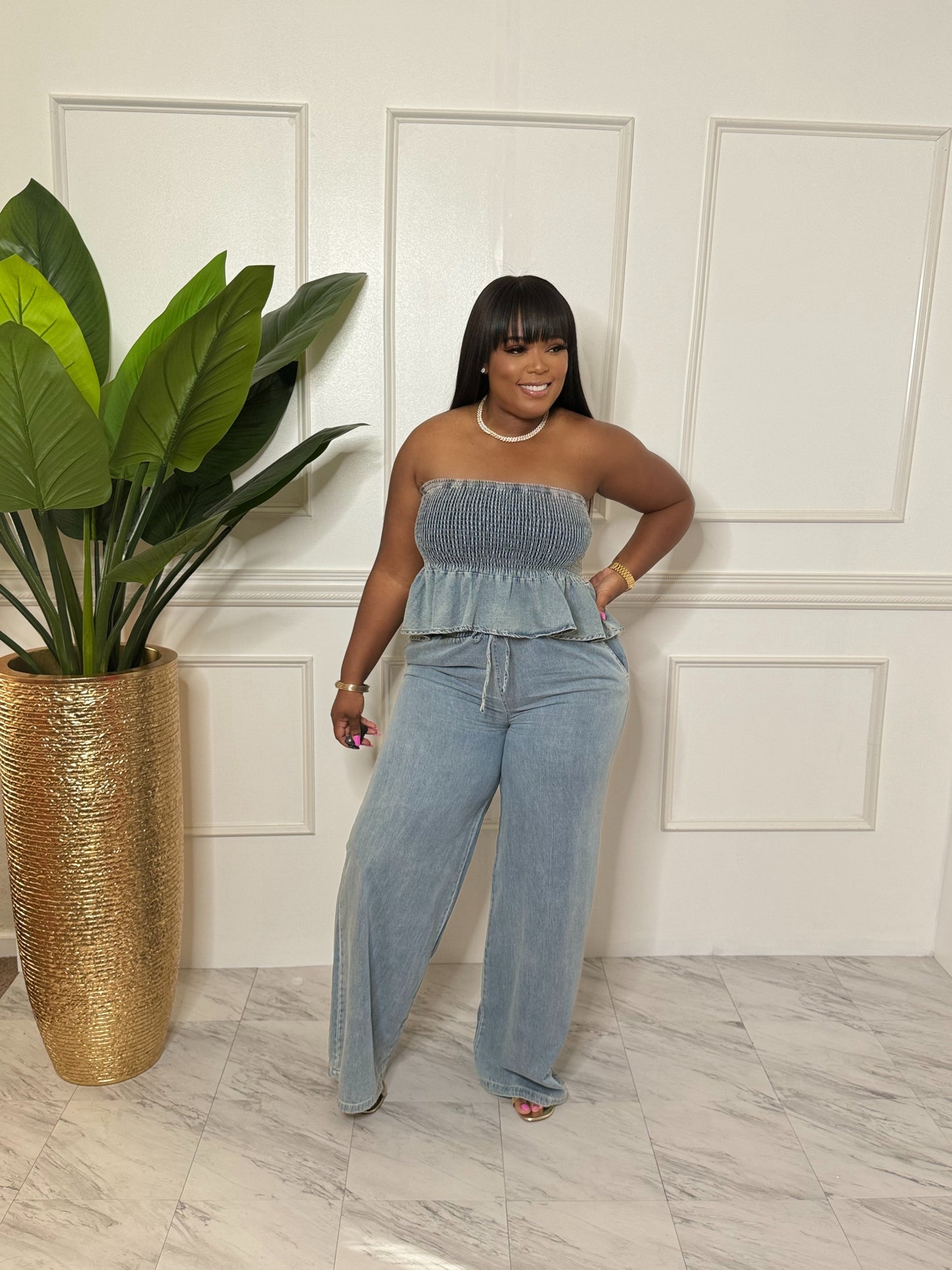 Two piece denim set with wideleg pants