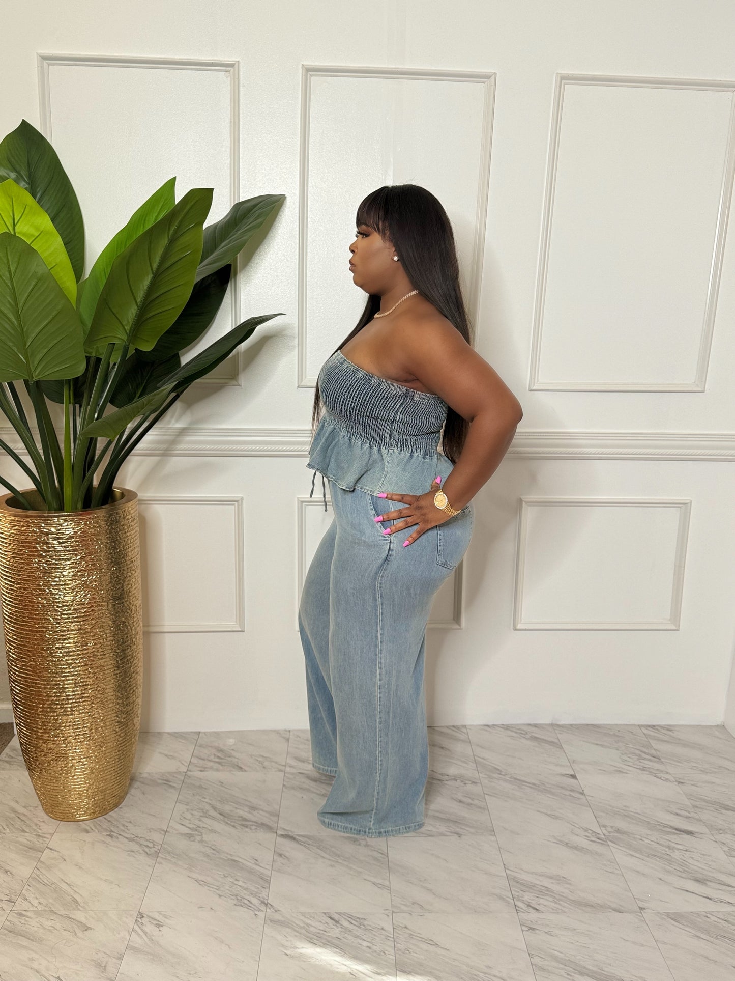 Two piece denim set with wideleg pants
