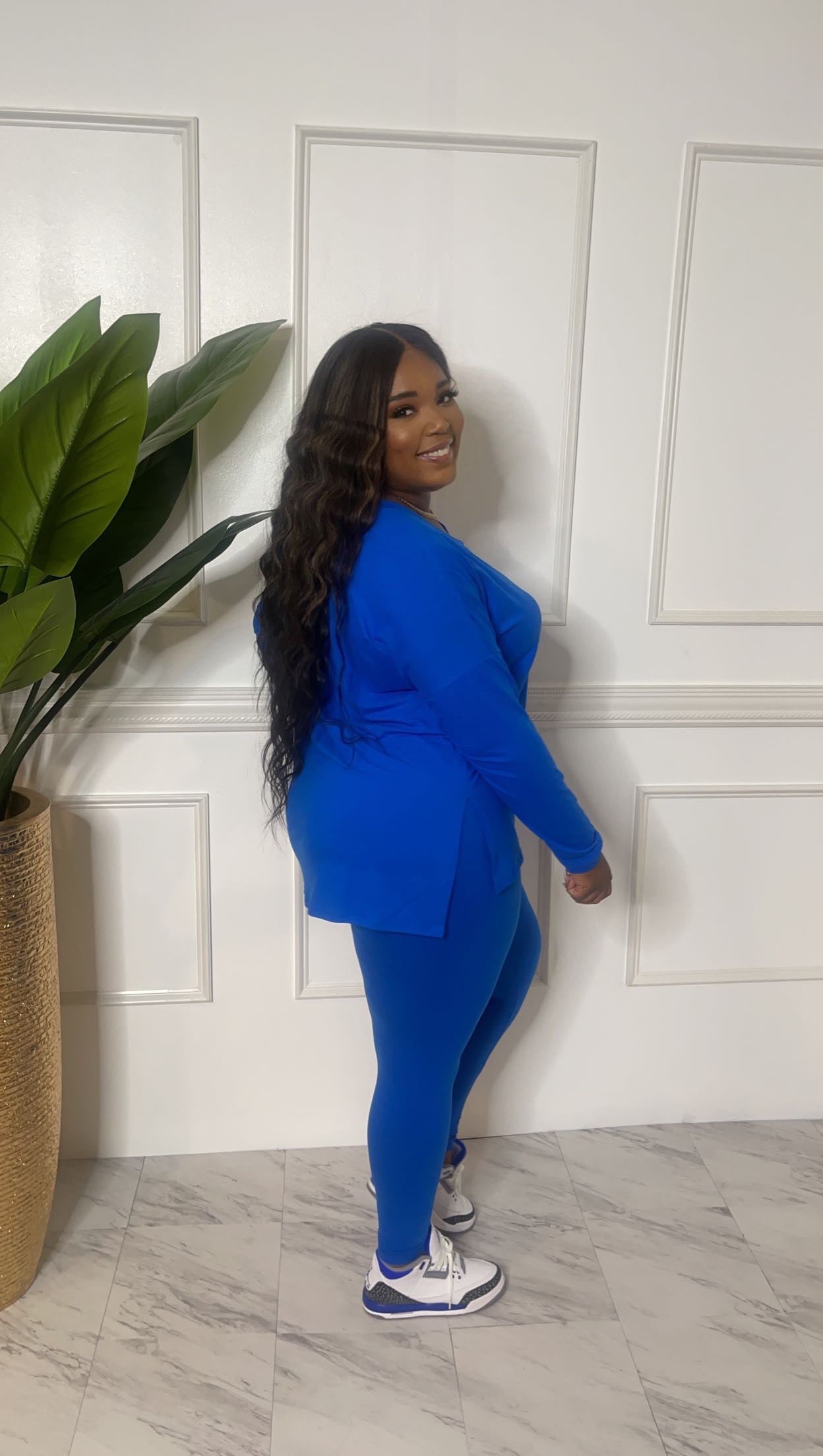 royal blue loose fitted long sleeve shirt with matching leggings