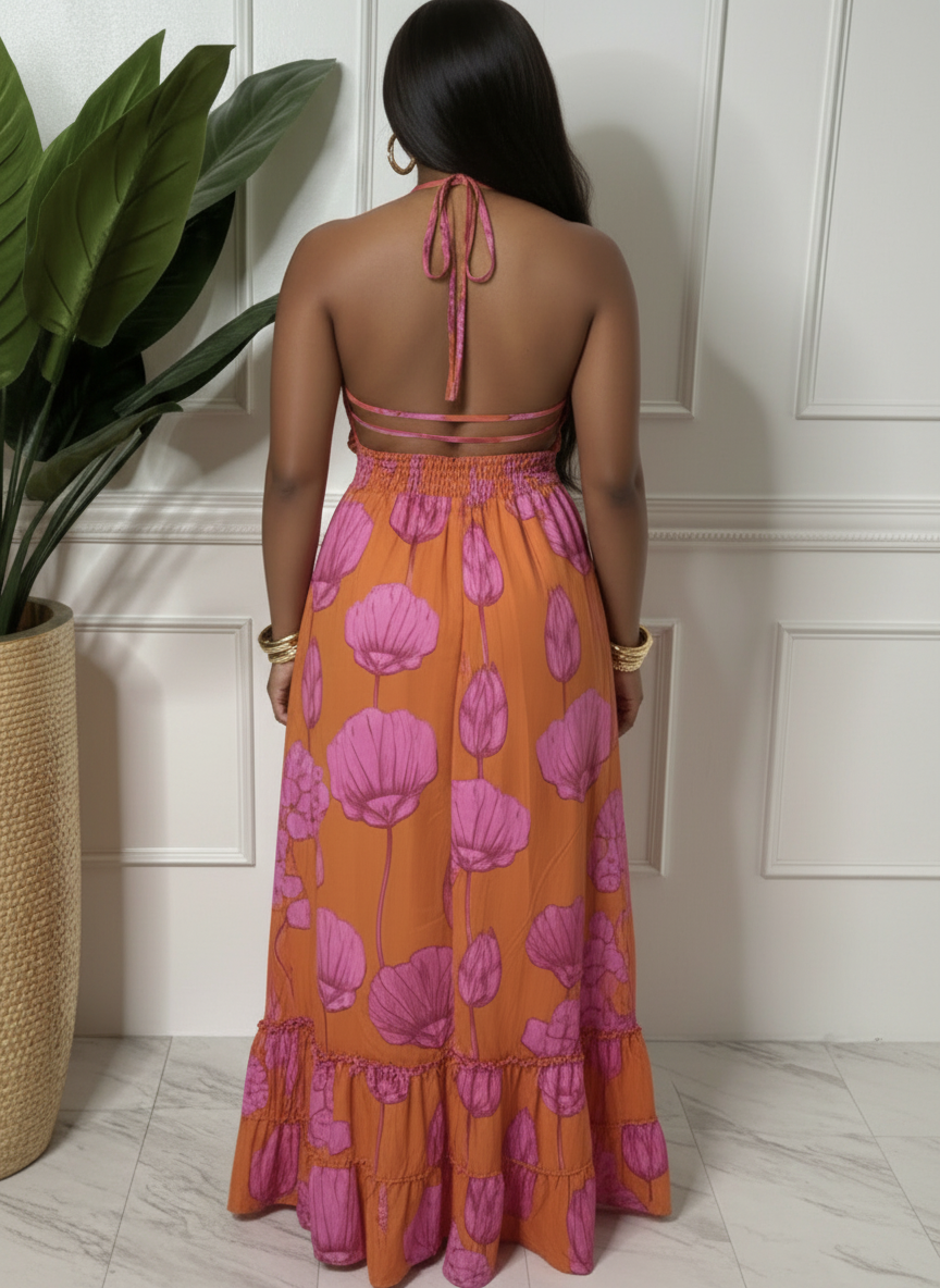 Orange Halter Maxi dress with Pink Flowers