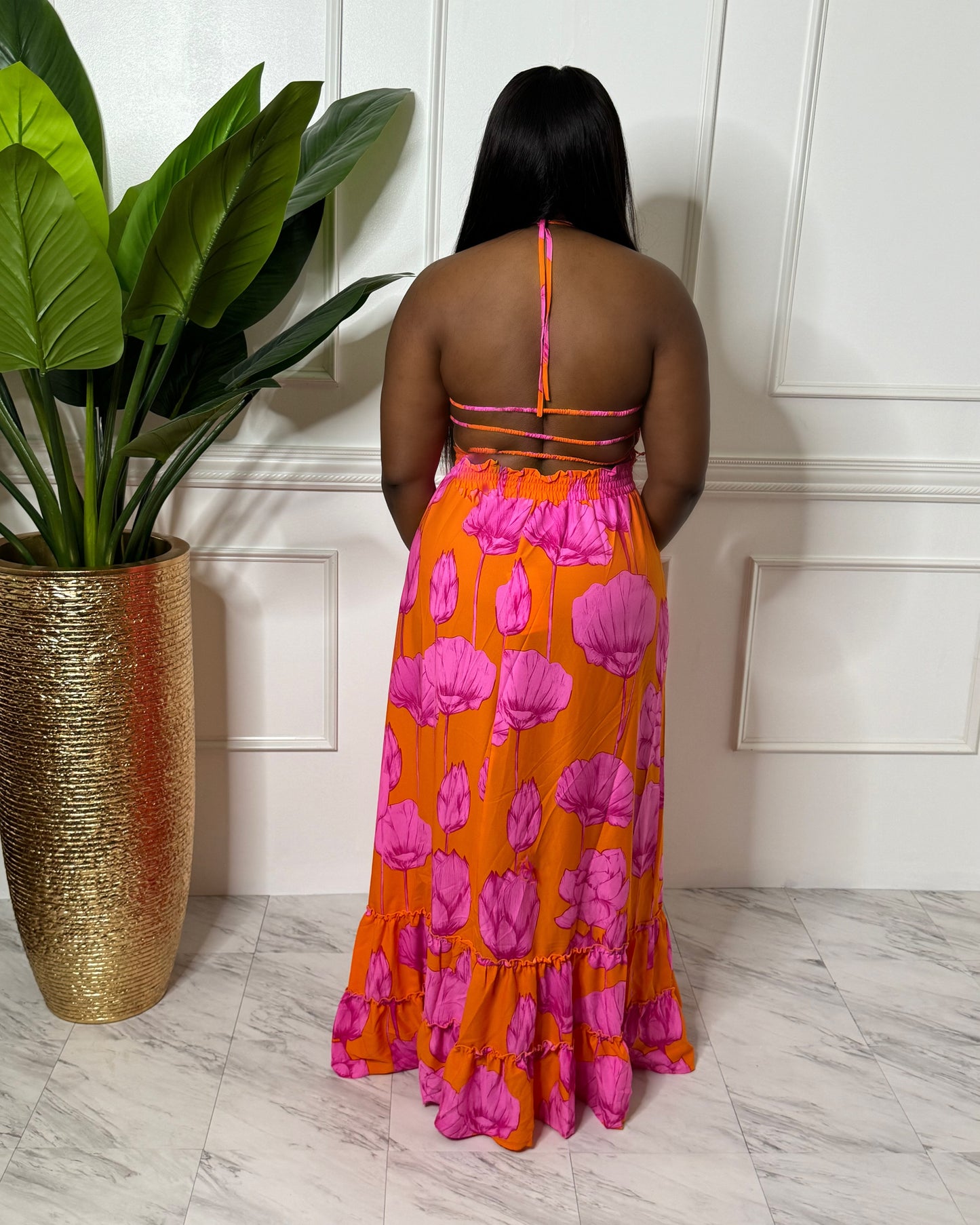 Orange Halter Maxi dress with Pink Flowers