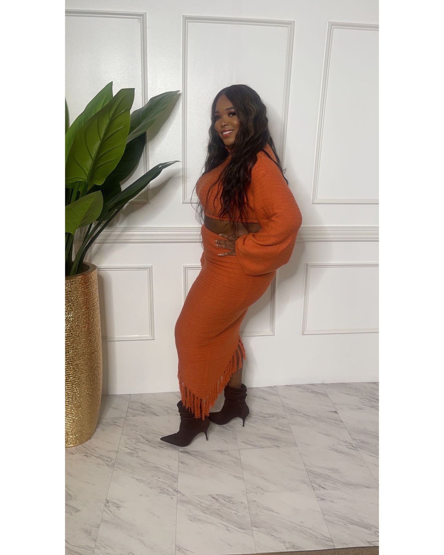 Burnt Orange sweater set with fringe skirt