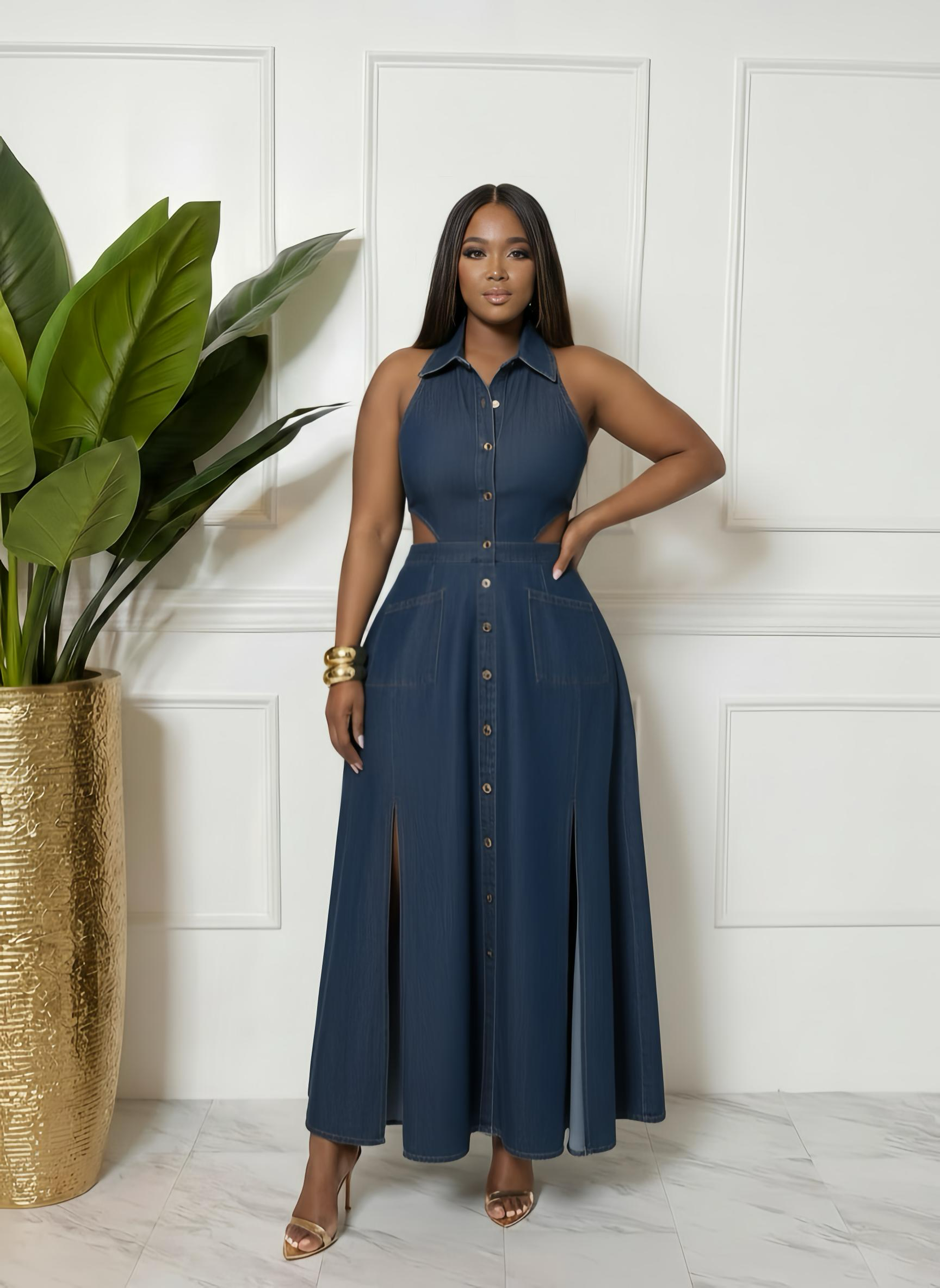 Denim Dress with Side Splits - Premium denim dress