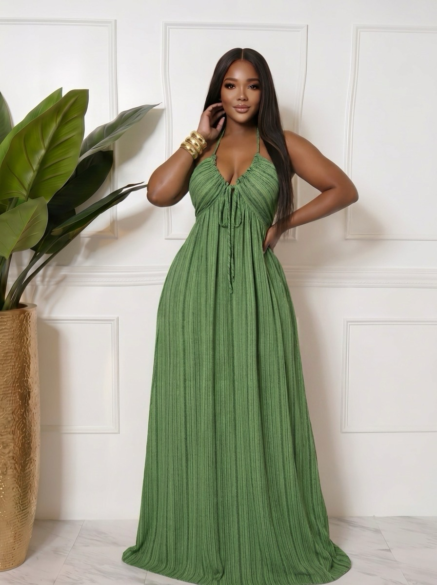 GARDEN OF EDEN PLEATED HALTER MAXI DRESS