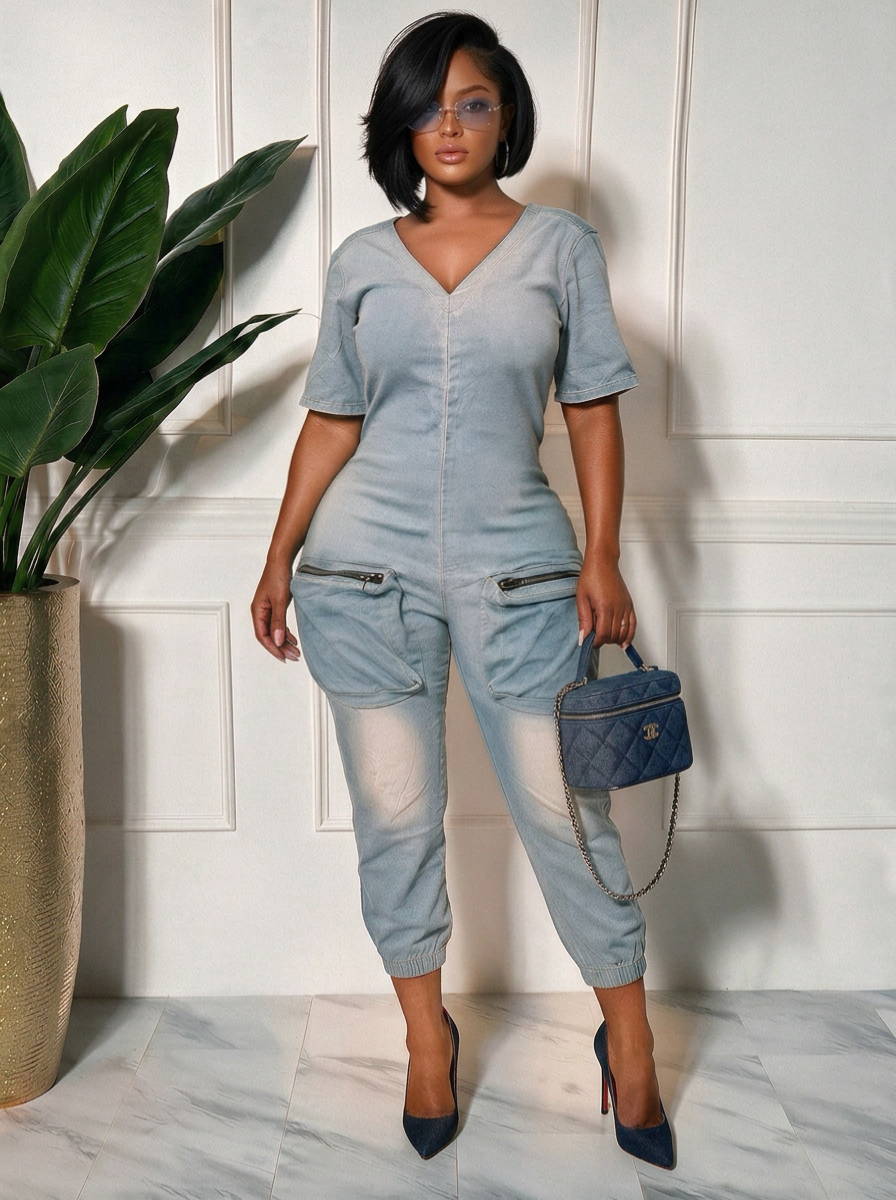 Zip-Pocket Denim Jumpsuit — Light Wash