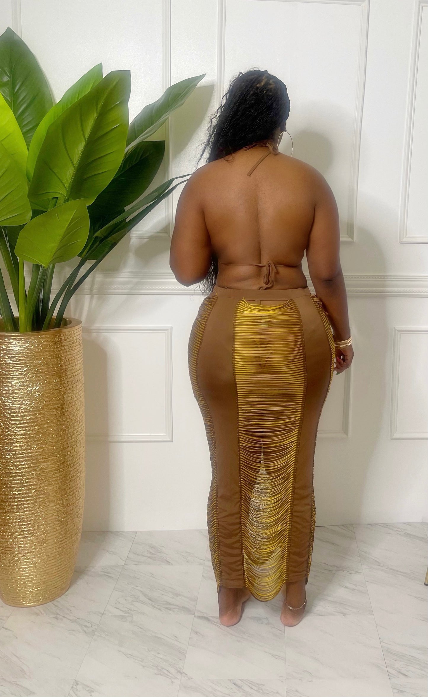 Brown and Gold TASSEL BRALATTE AND SKIRT SET