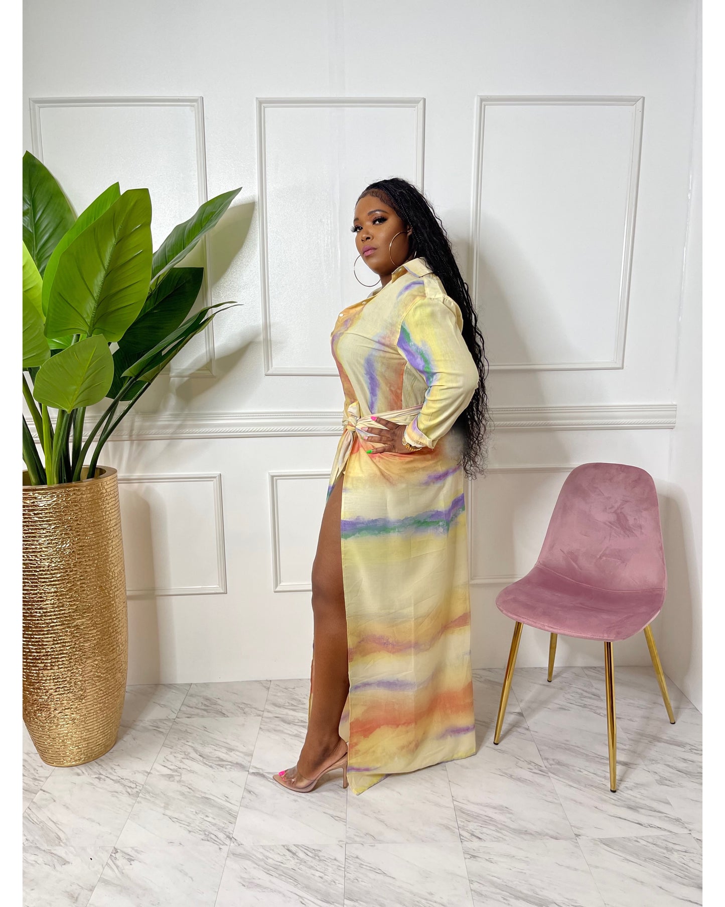 Sunset Hued Button up Shirt with Wrap maxi skirt with split