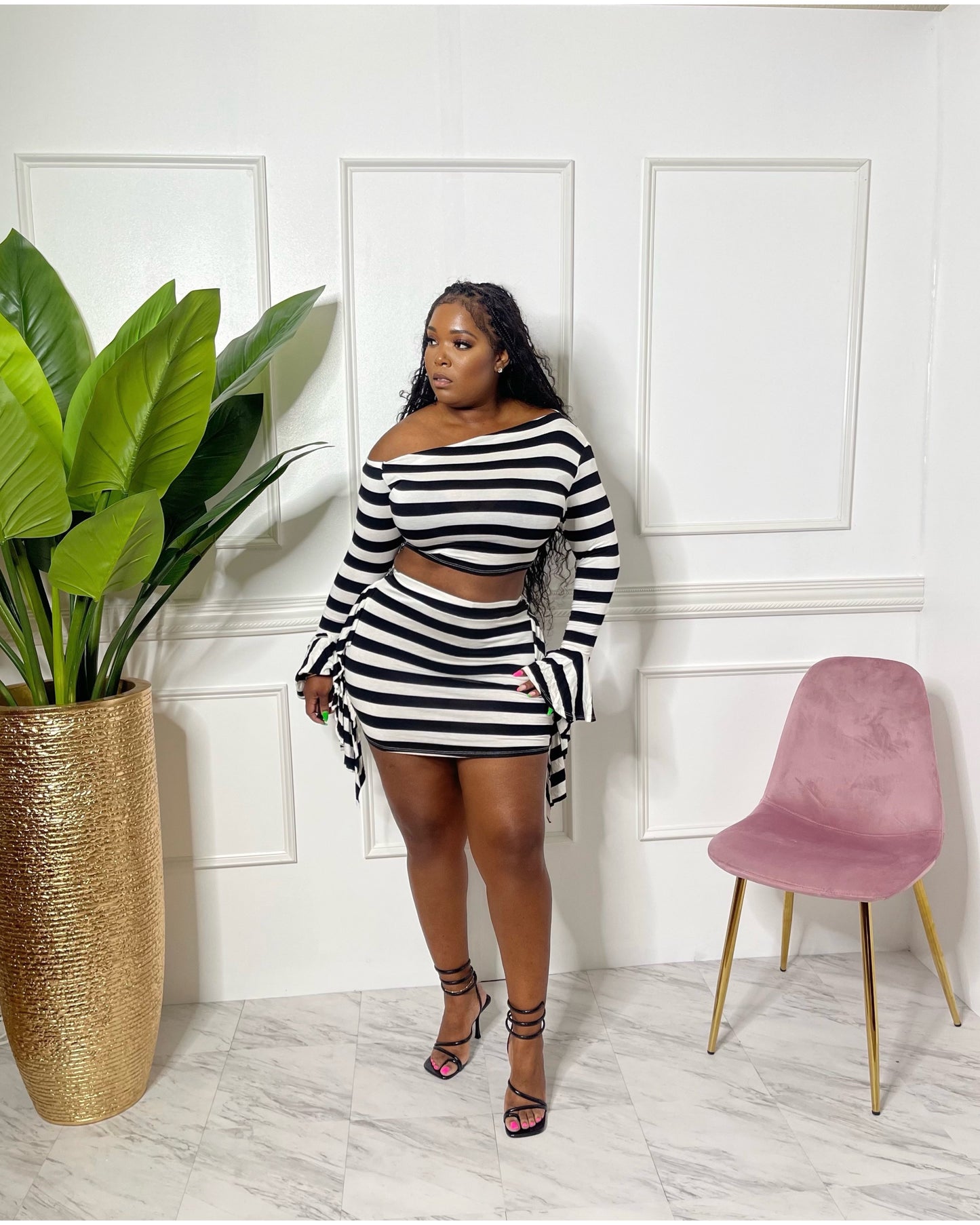 Black and white stripe Mini Skirt Set