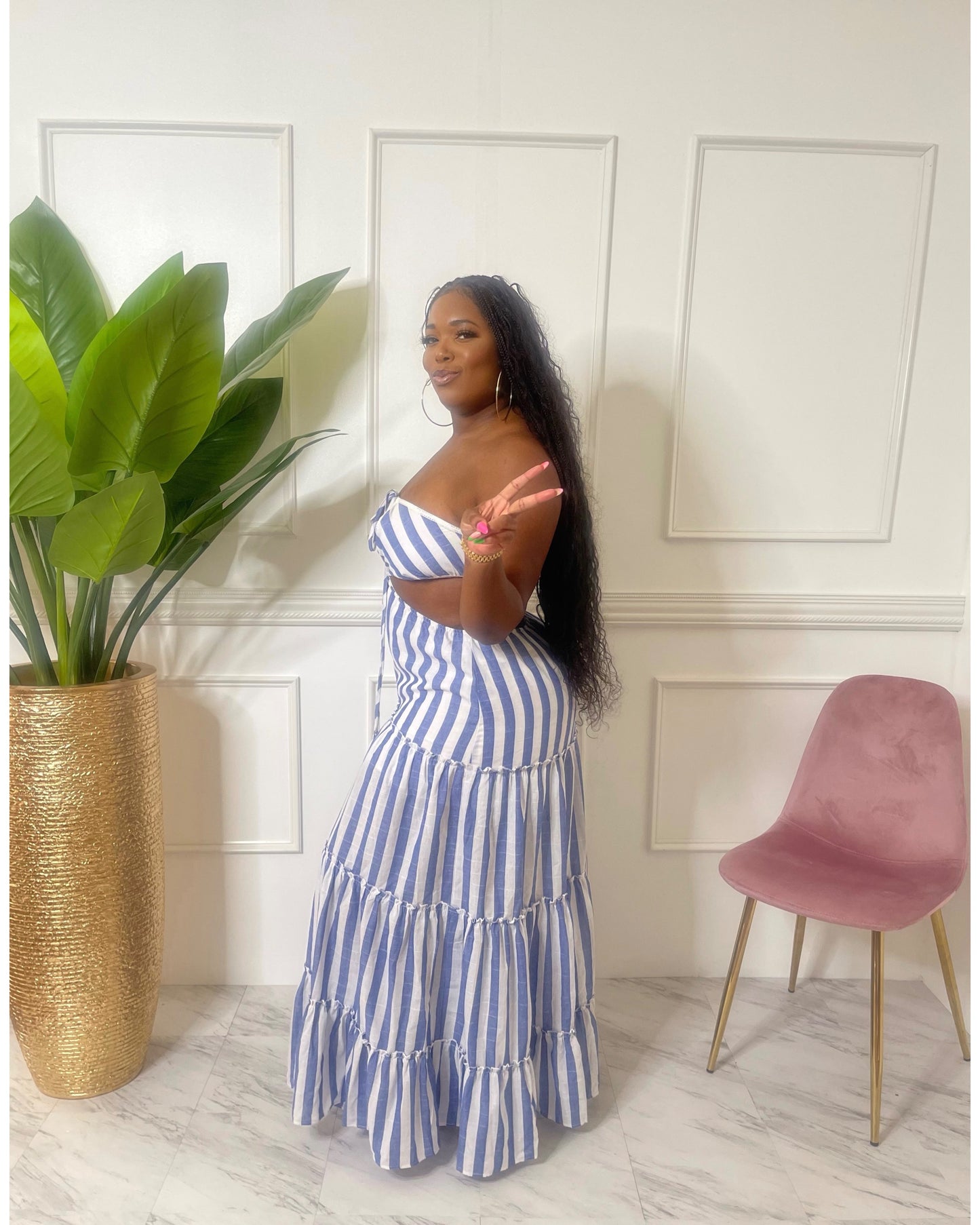 Stripe blue and white halter maxi dress