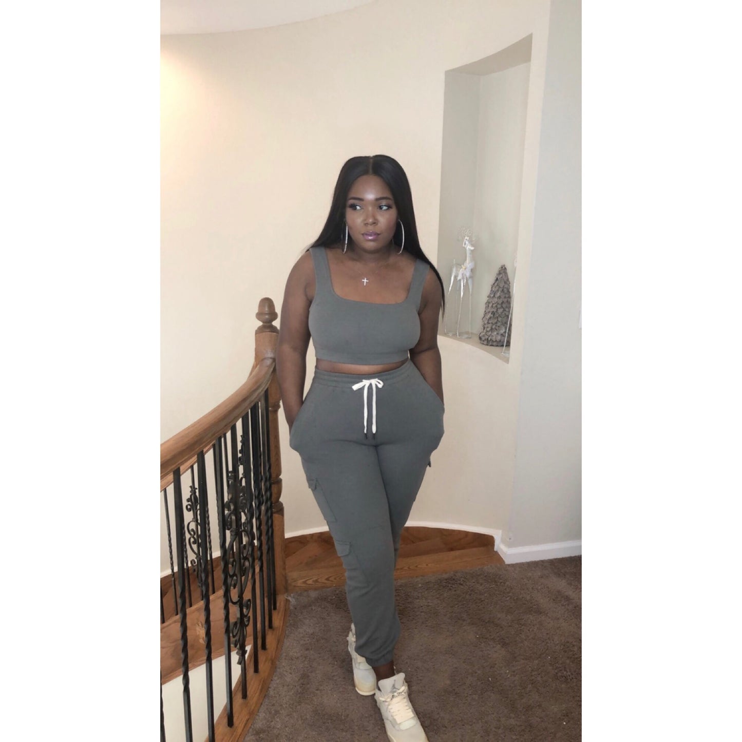 Camouflage Green crop top with drawstring high waist pants