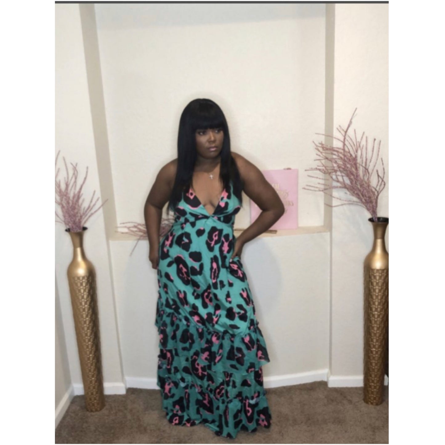 Aqua leopard print halter maxi dress with ruffles