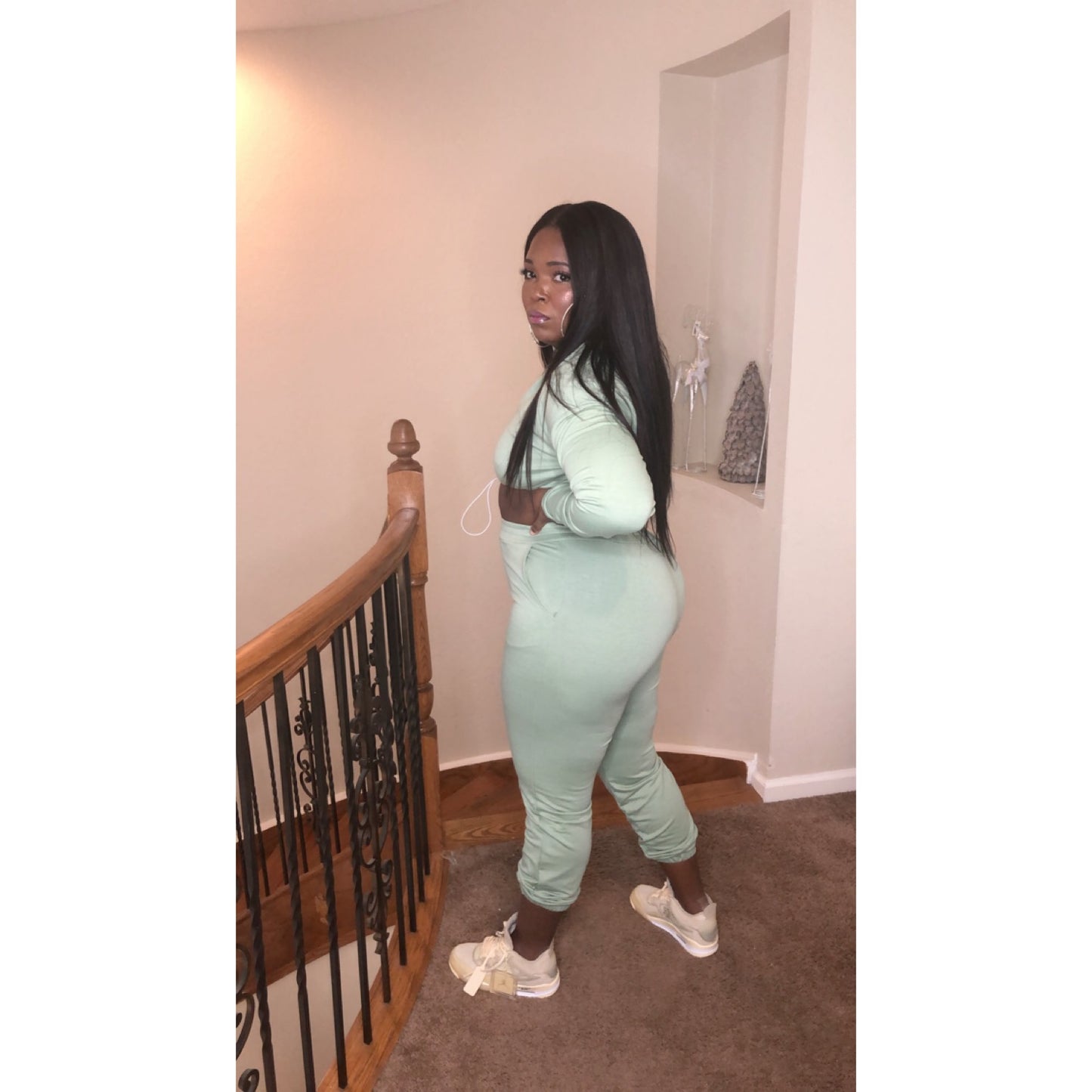 Aqua green crop sweater set with drawstring