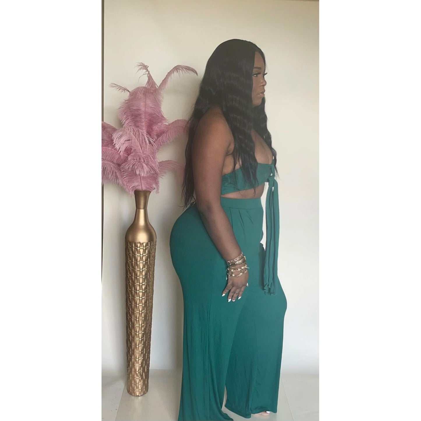 Hunter Green wide leg pants set with matching bralette top