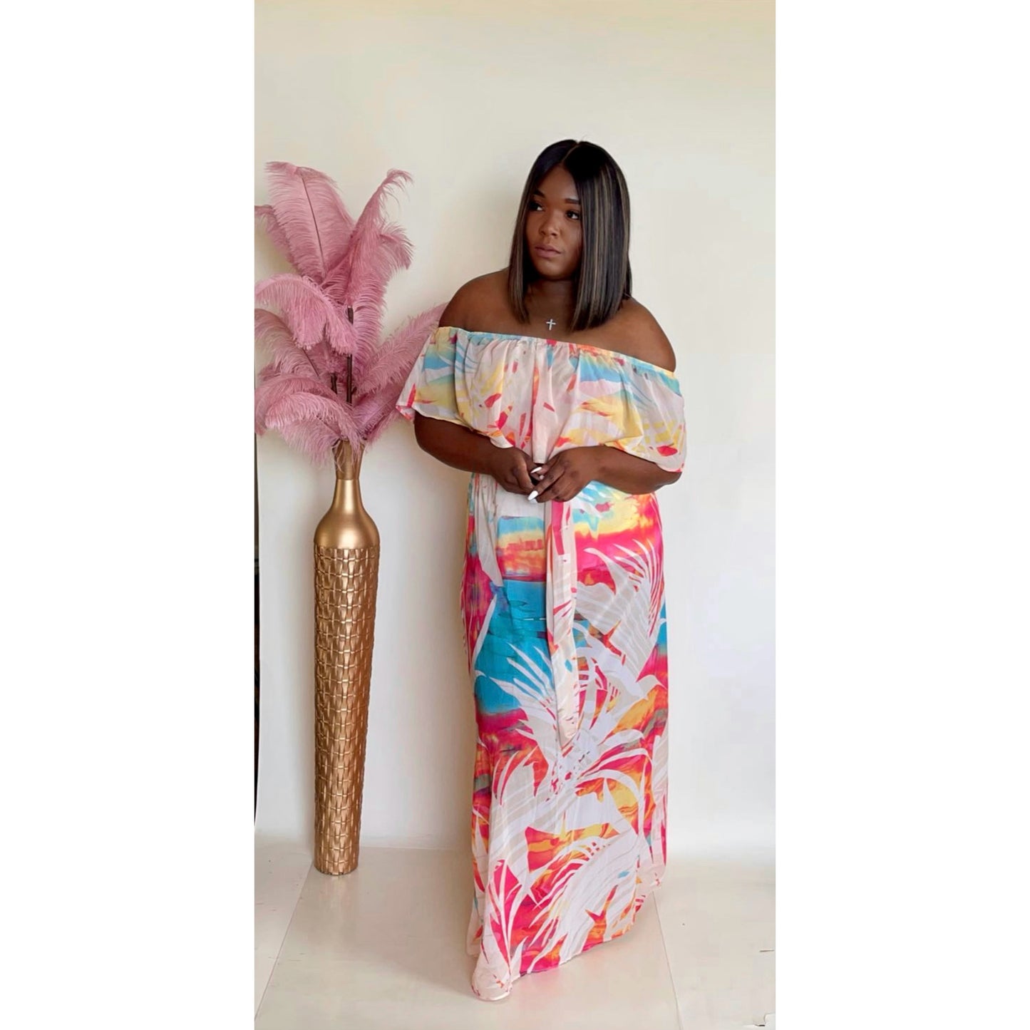 Off the shoulder floral print dress with lining underneath