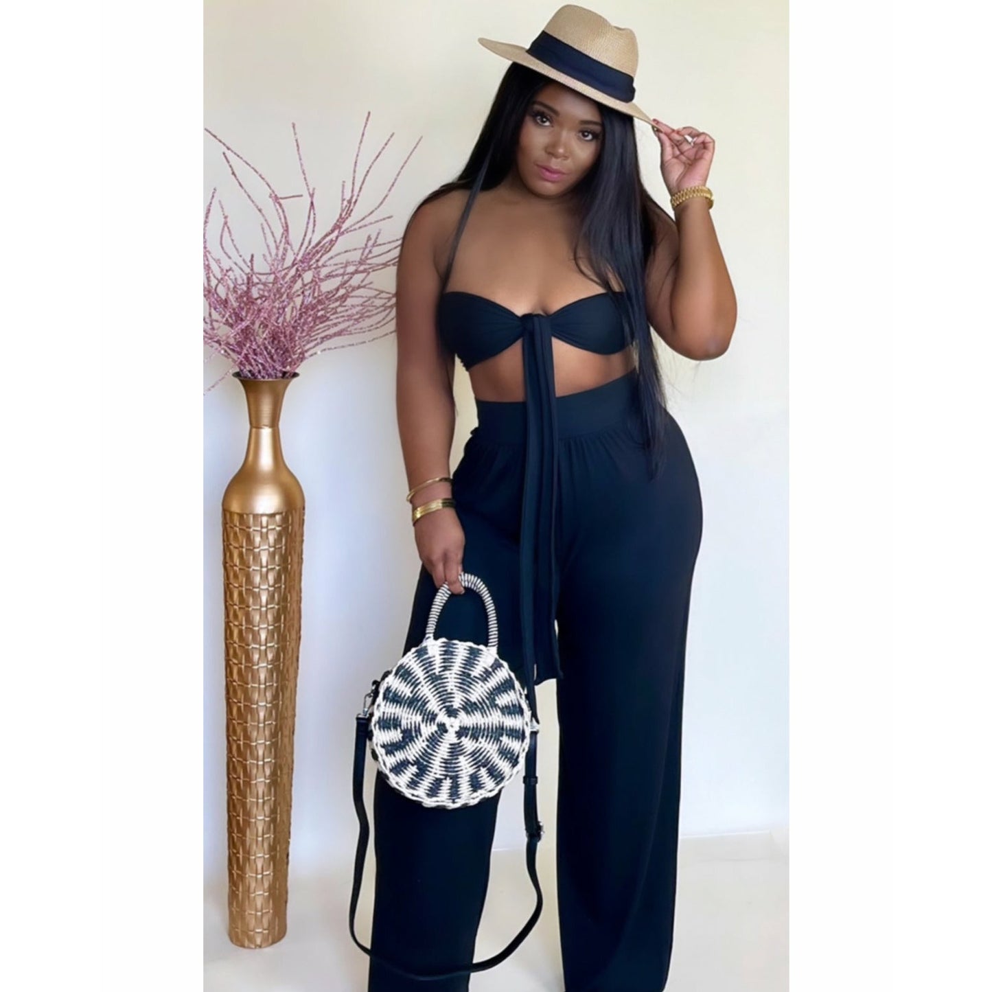 Black Bralette Crop top Wide leg Pants Set