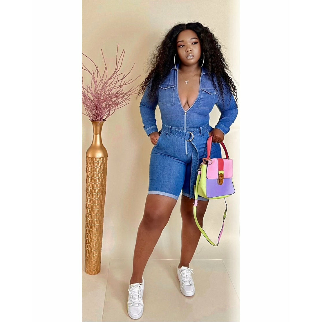Denim romper with knee length shorts