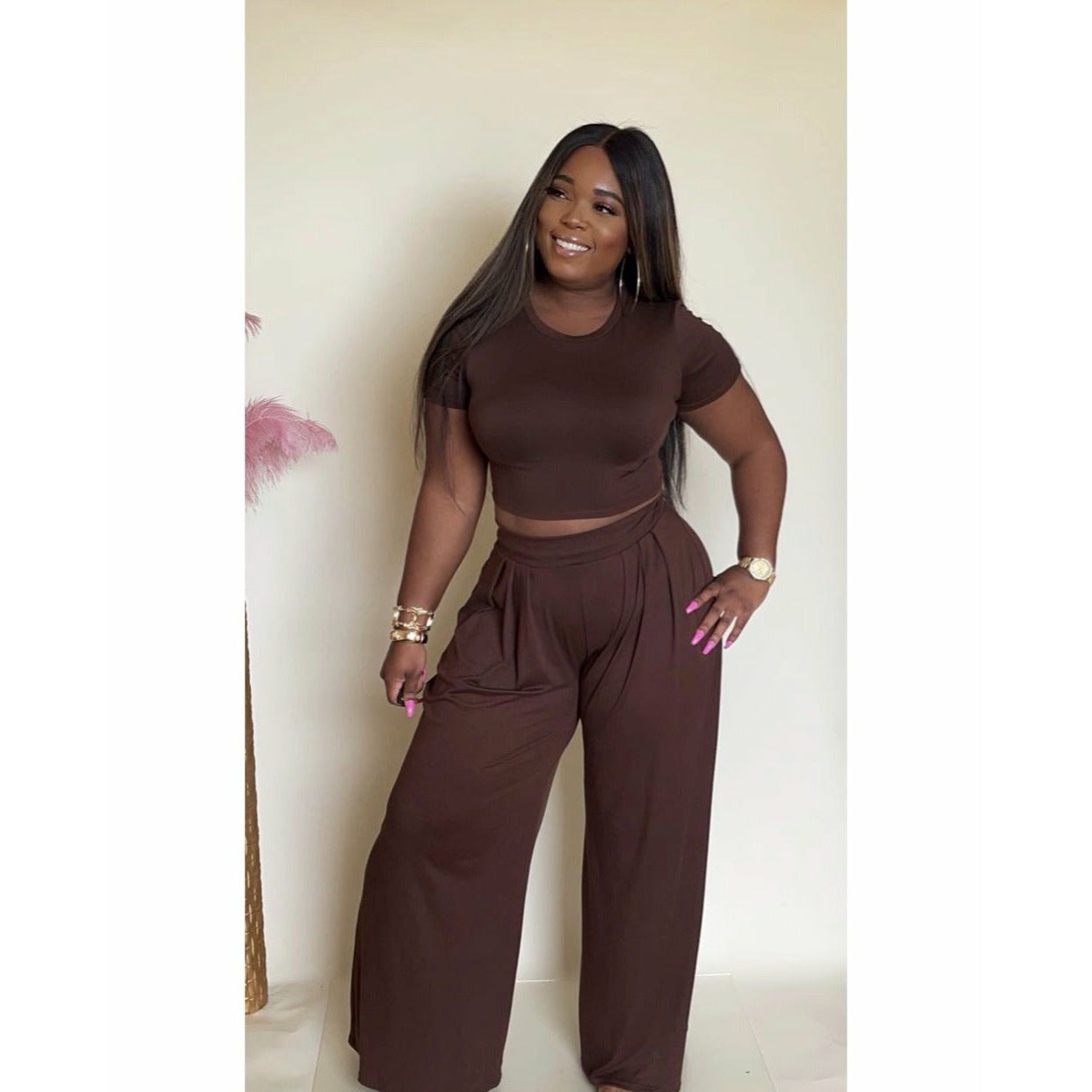 Orange wide leg pants set with crop top
