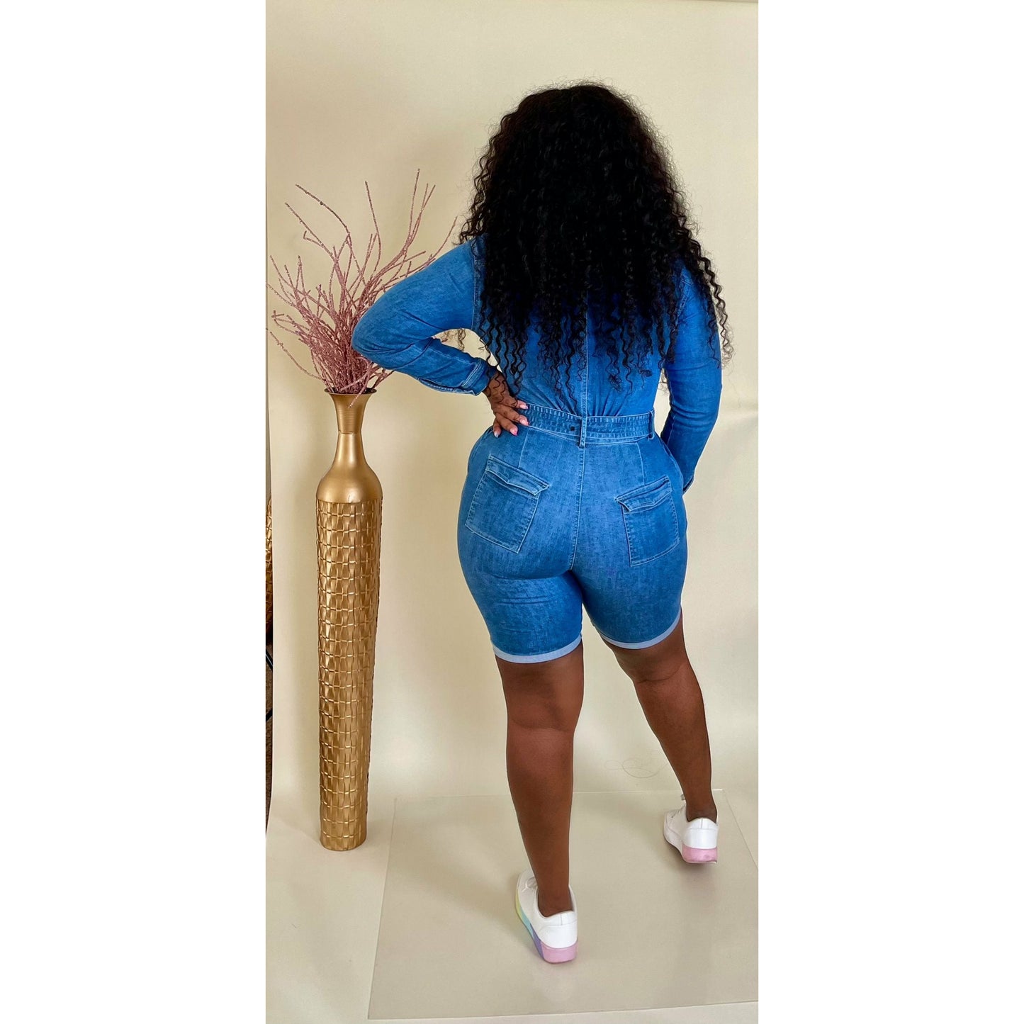 Denim romper with knee length shorts