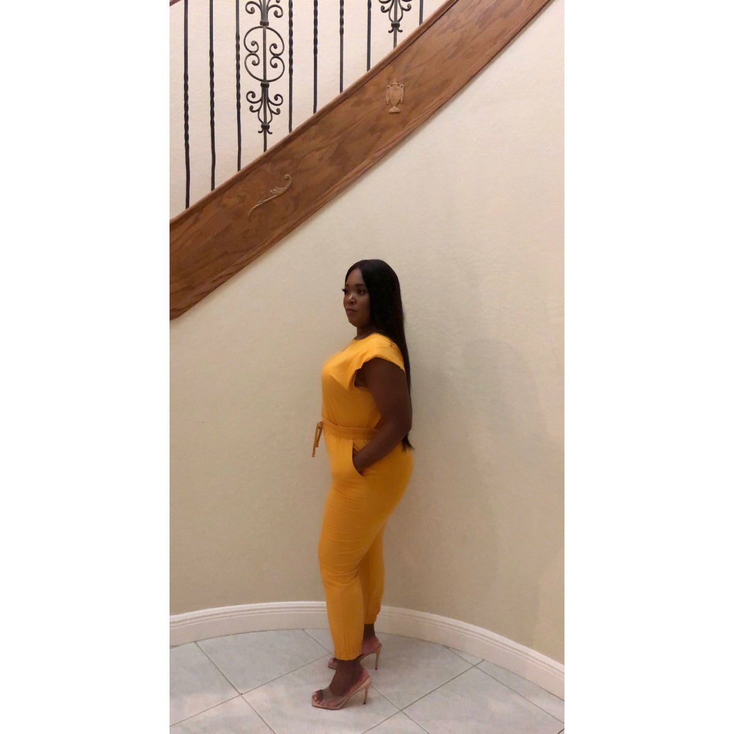 Mustard Jumpsuit with pockets and shoulder pads