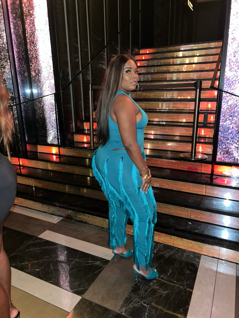 Teal Fringe pants and bodysuit set