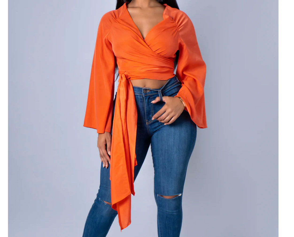 Orange big sleeve tie crop top