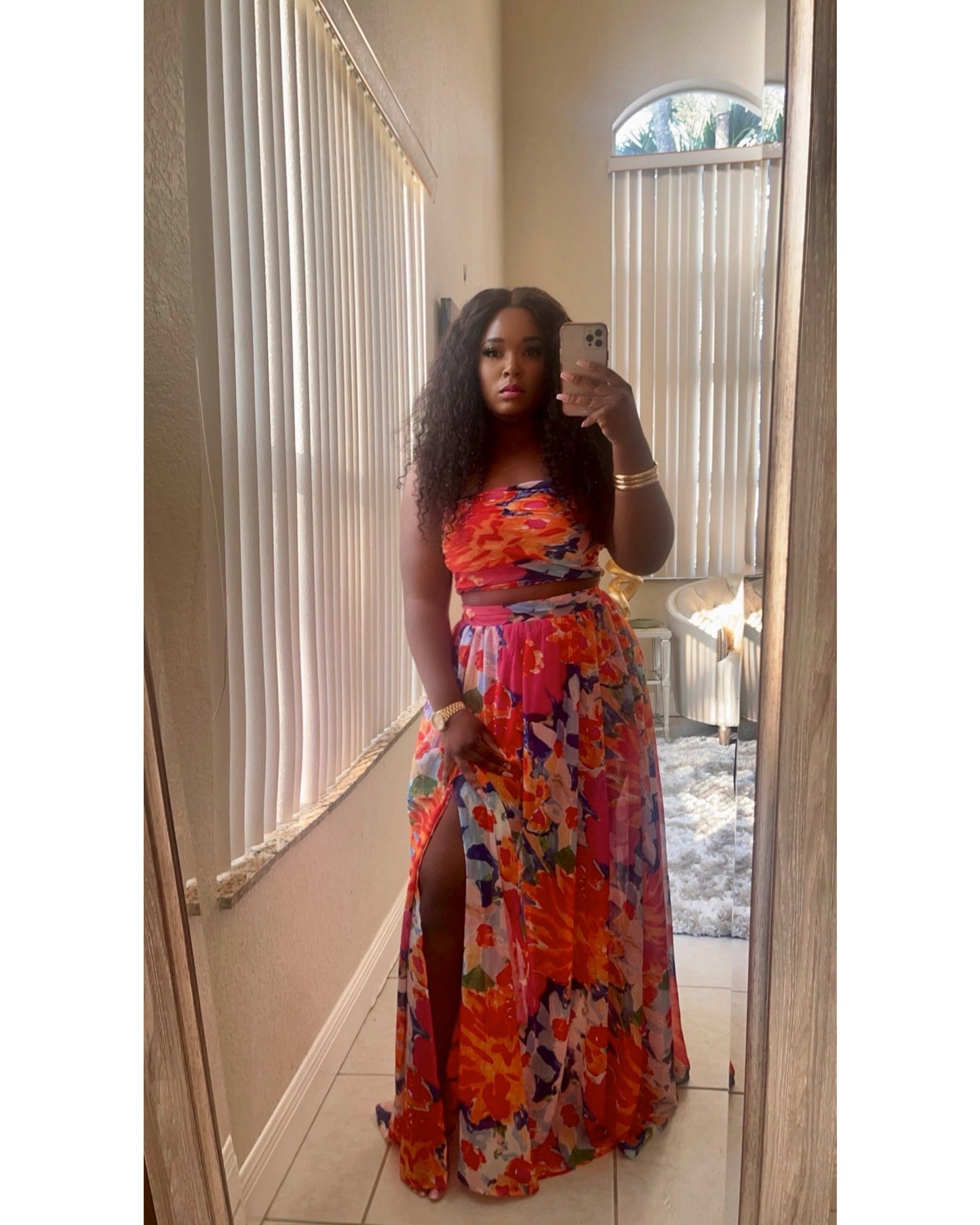 Colorful Floral Maxi Skirt Set with crop top with split