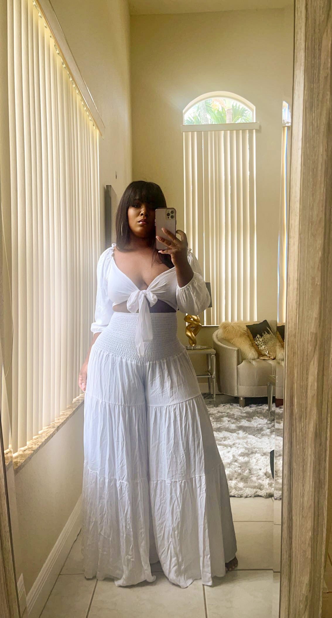 White High waist Wide leg pants set with Tie Up Crop Top