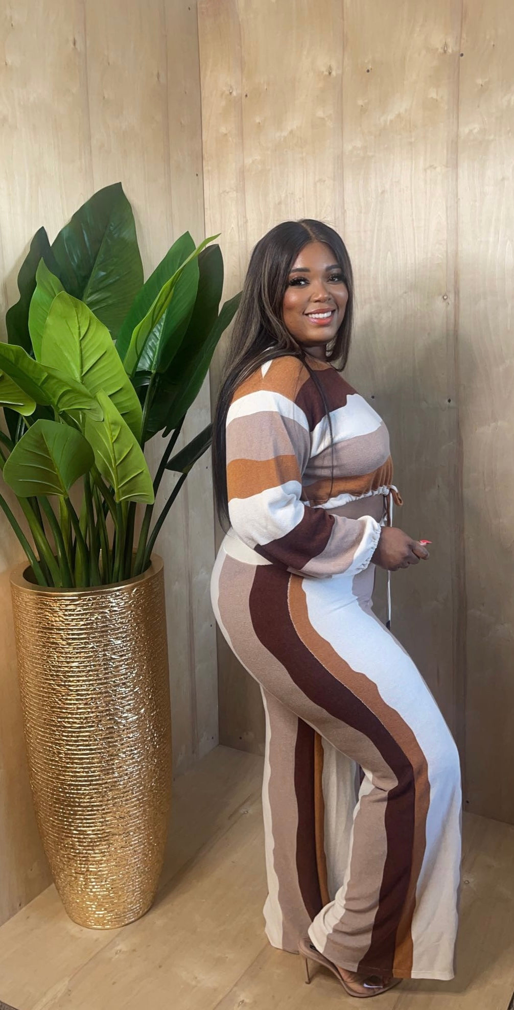 Two piece Stripe Print Cold Shoulder Outfit with Drawstring Top and High Waist Pants