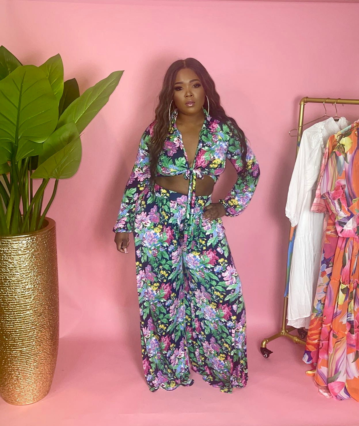 Matching two piece floral set with tie up crop top