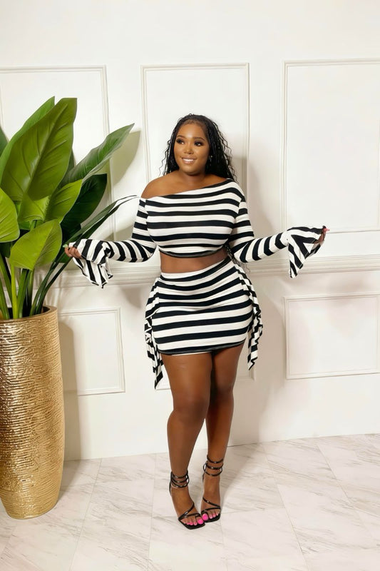 Black and white stripe Mini Skirt Set