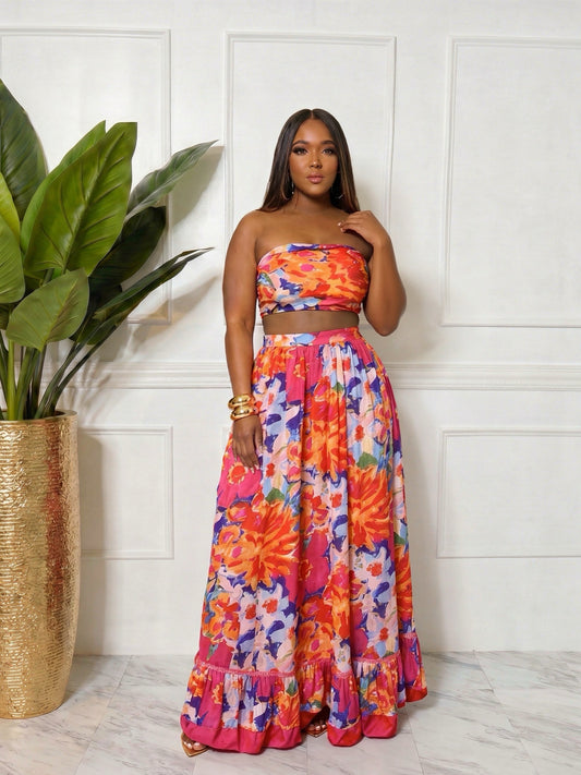 Colorful Floral Maxi Skirt Set with crop top with split