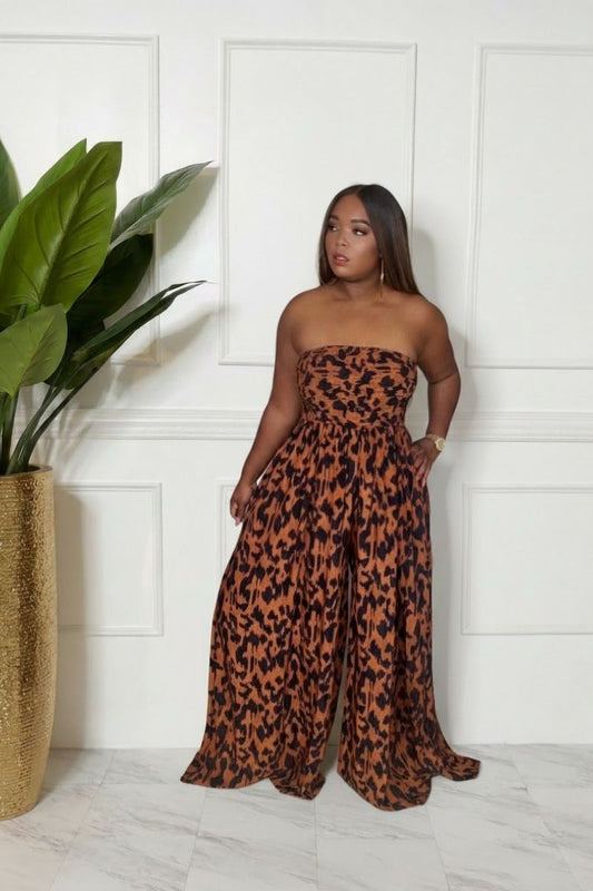 Cheetah print Strapless wide leg jumpsuit