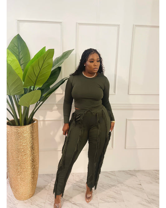 Fringe pants set with matching long sleeve top