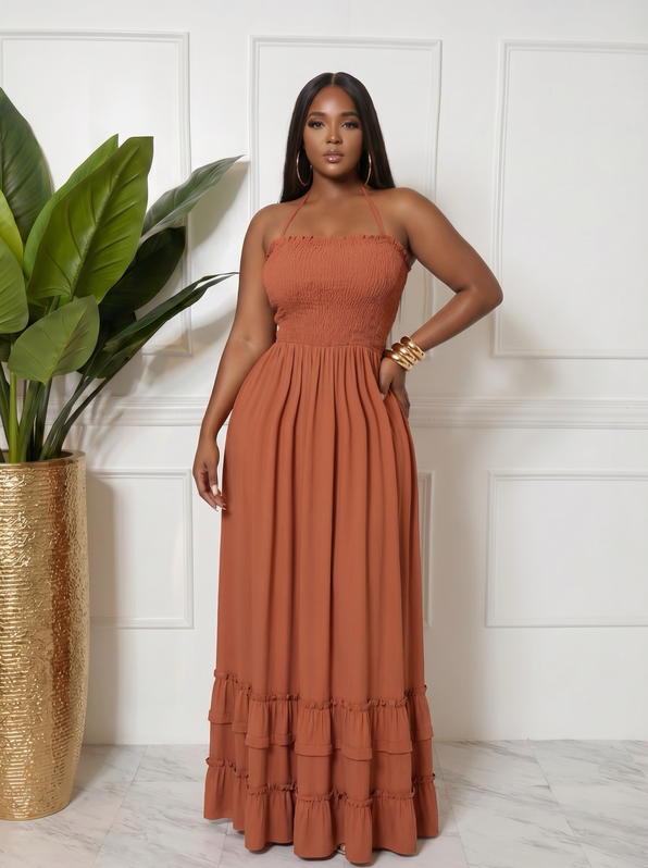 High Waisted Smocked Halter Maxi Dress - Terracotta