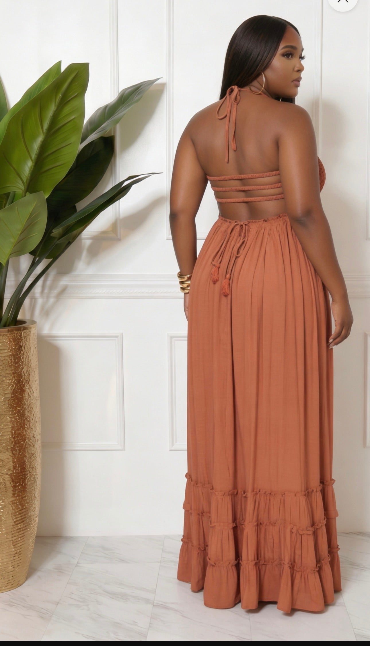 High Waisted Smocked Halter Maxi Dress - Terracotta