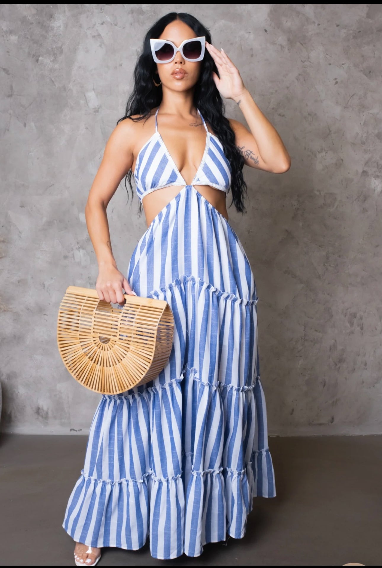 Stripe blue and white halter maxi dress