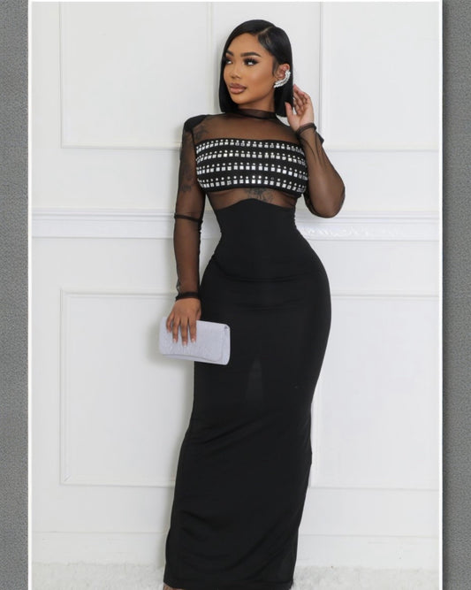 Black long formal dress with rhinestones