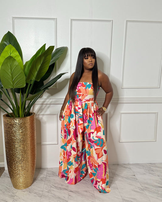 FLORAL WIDE LEG JUMPSUIT WITH TIE BELT
