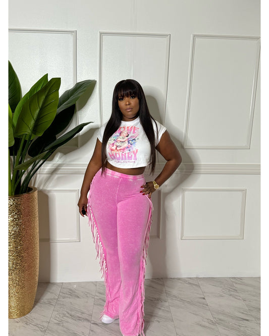 Pink fringe pants set with crop top