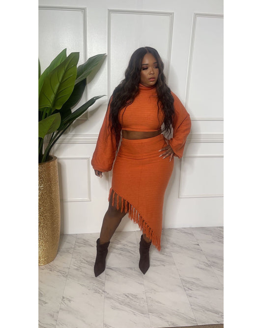 Auburn Turtleneck Crop Sweater with Fringed Matching Skirt i