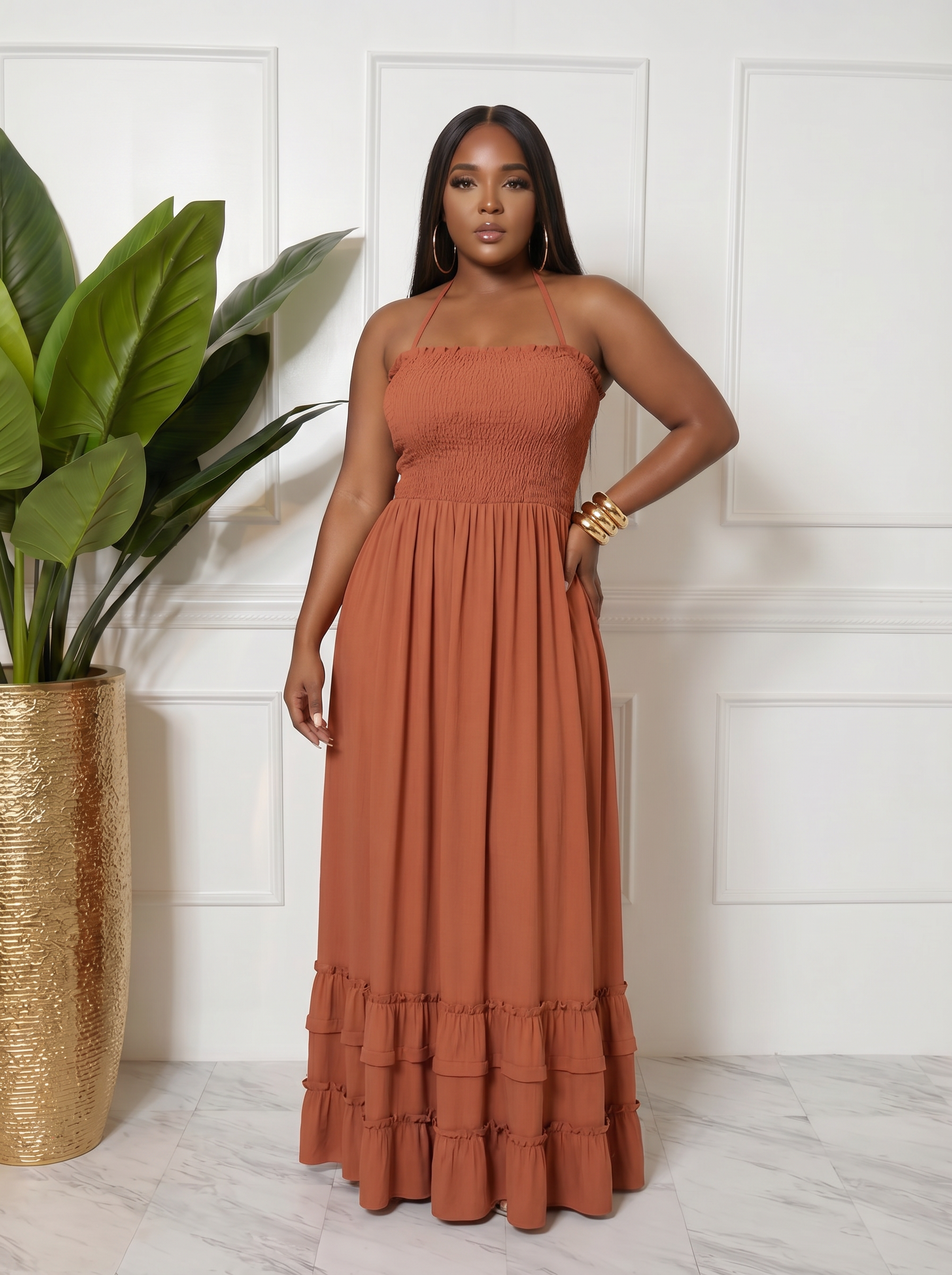 High Waisted Smocked Halter Maxi Dress - Terracotta