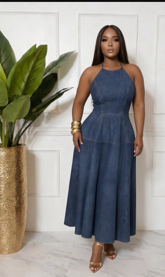 Denim halter maxi dress