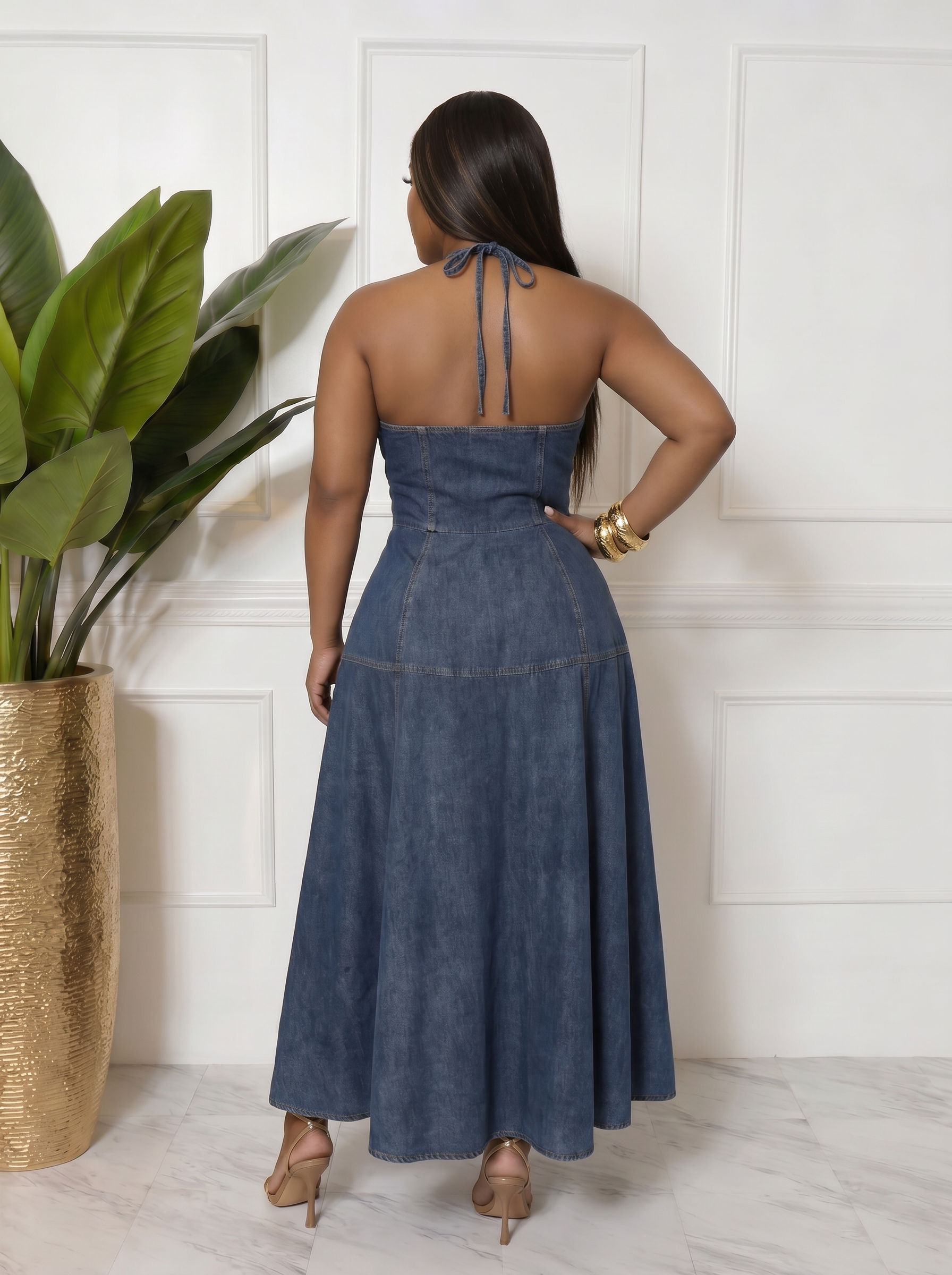 Denim halter maxi dress