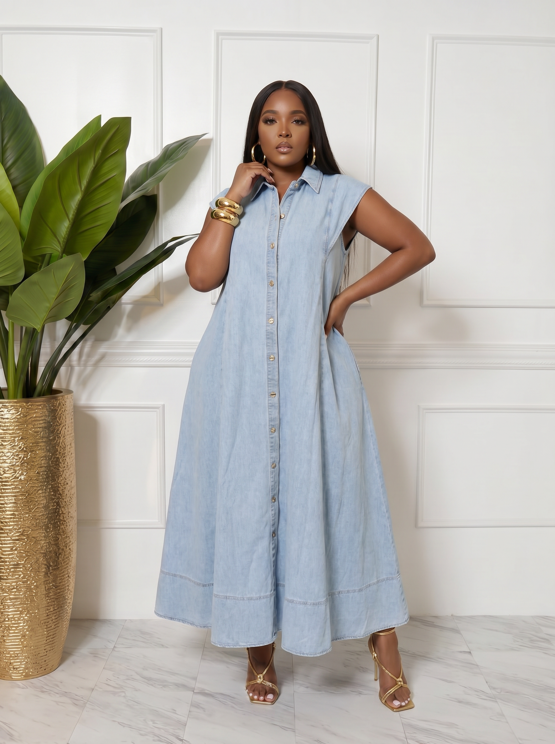 Light denim button down maxi dress