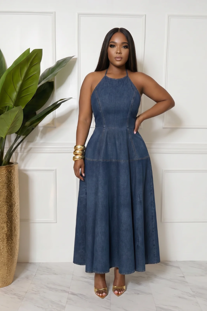 Denim halter maxi dress