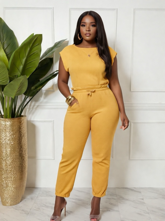 Mustard Jumpsuit with pockets and shoulder pads