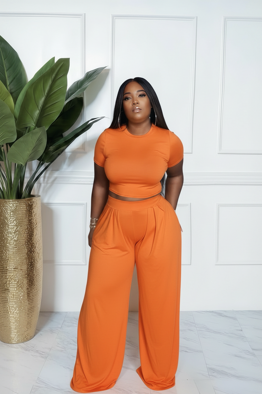 Orange wide leg pants set with crop top
