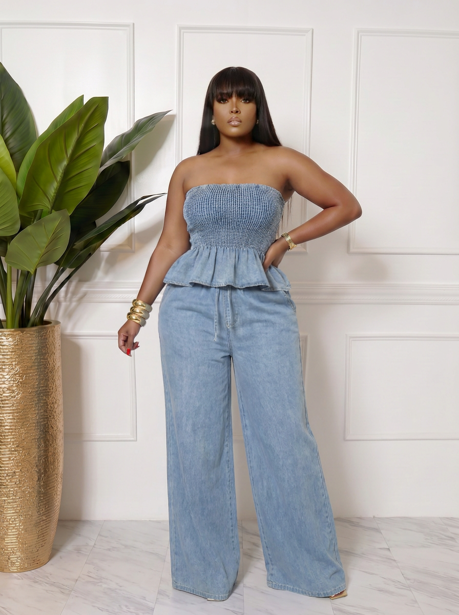 Two piece denim set with wideleg pants